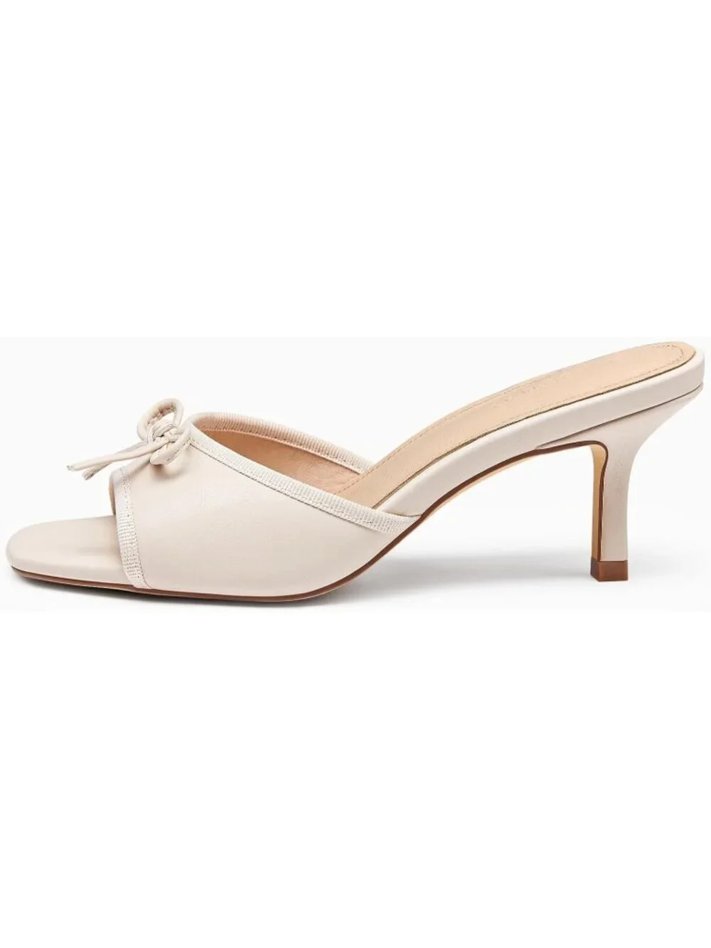 Women's Bow Mules Heels Kitten Heel Slide Beige Sandals Square Toe Slip On Shoes